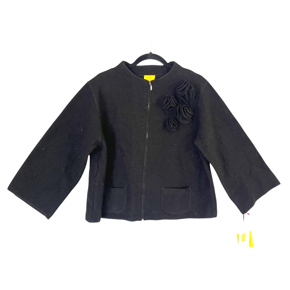 NWT Ruby Rd Jacket BLACK BOILED WOOL Rosette Flower Trim FULL ZIP w/POCKETS sz L